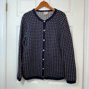L.L. Bean Navy Blue White Birdseye Vintage Cardigan Cotton Wool Blend Size Large